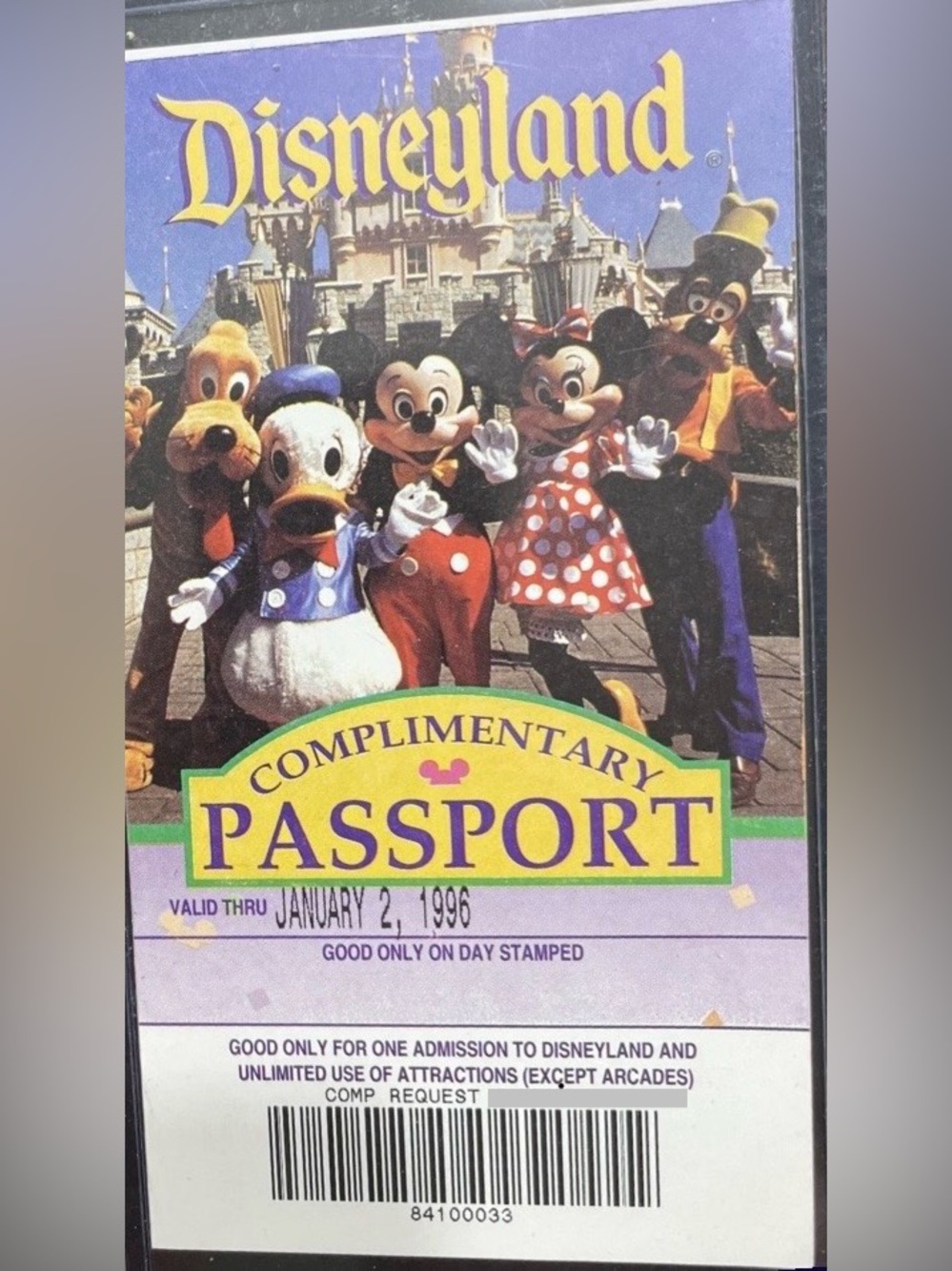 Vintage Disneyland Complimentary One Day Passport January 2, 1996